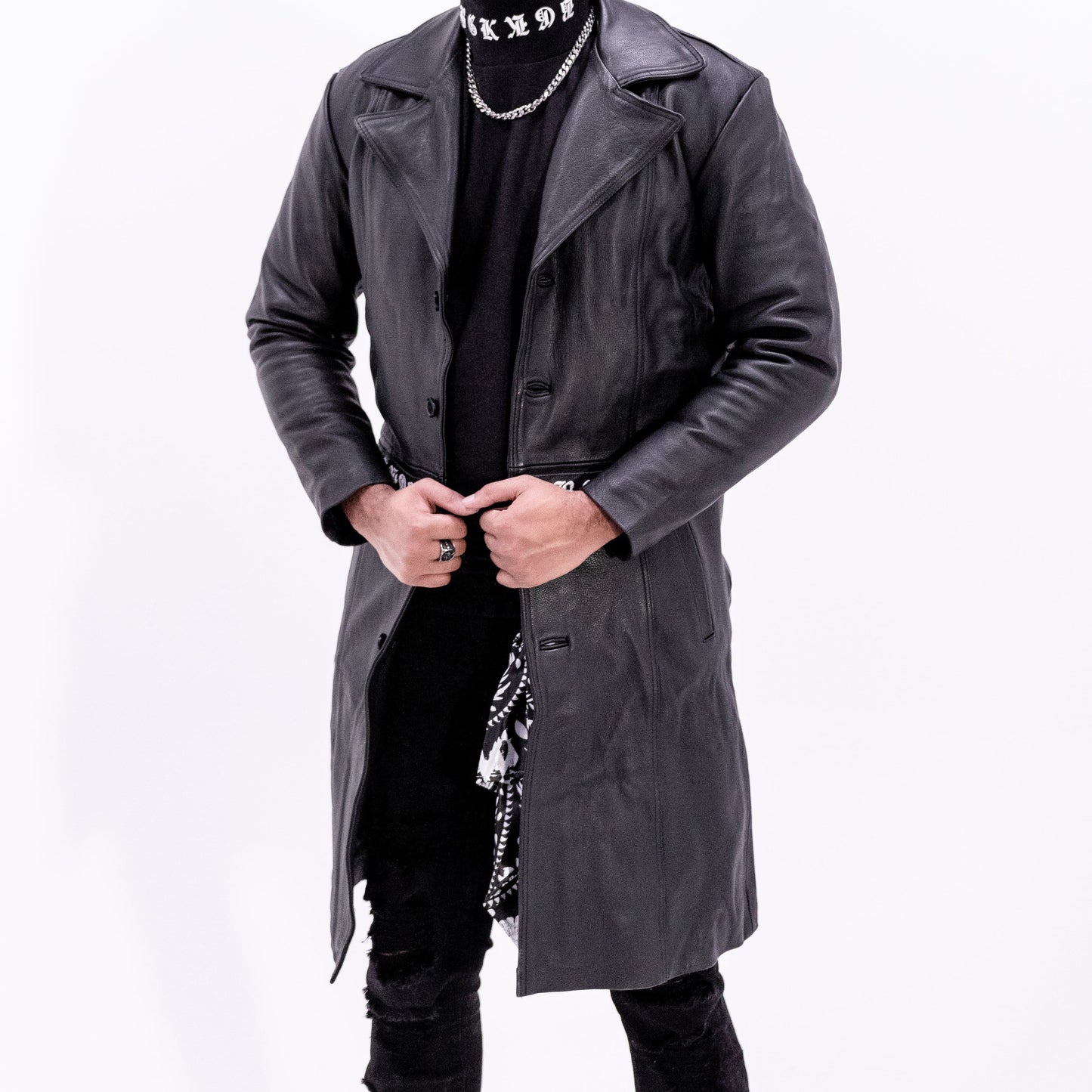 Seven7 Body Chakras Leather Trench Coat Black - BGK Black Label