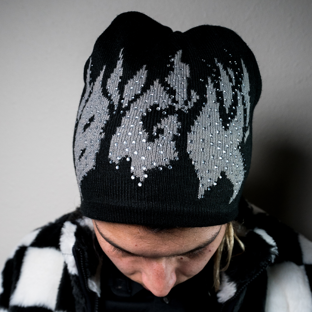 X Fein Rhinestone Beanie Hat - Black