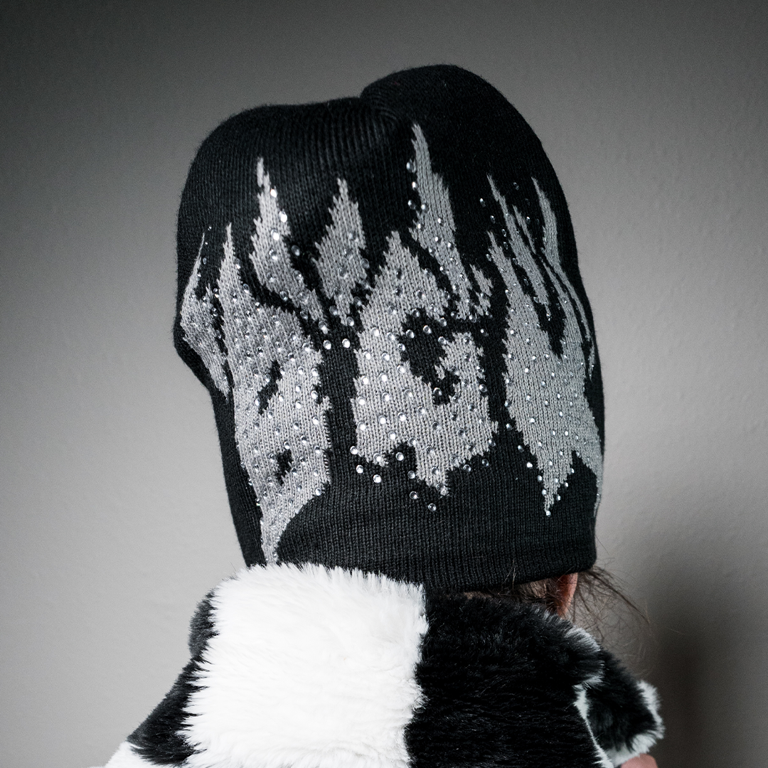 X Fein Rhinestone Beanie Hat - Black