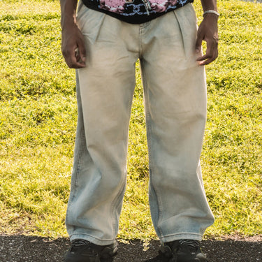 Light Beige Pleated Wide Leg Jeans