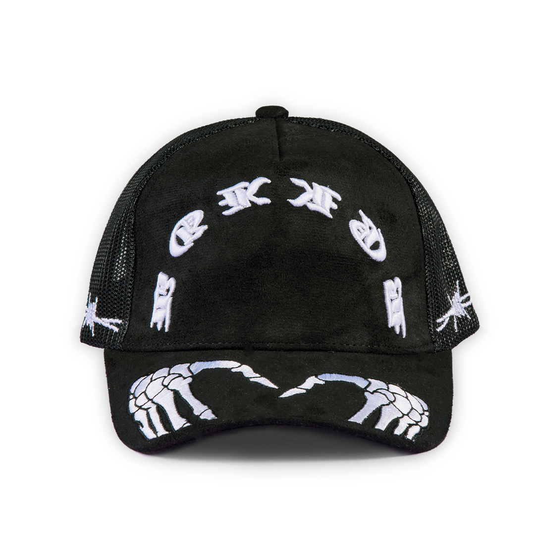 Trucker Hat Black Suede - M.S.W. V.2 Skeleton Hands