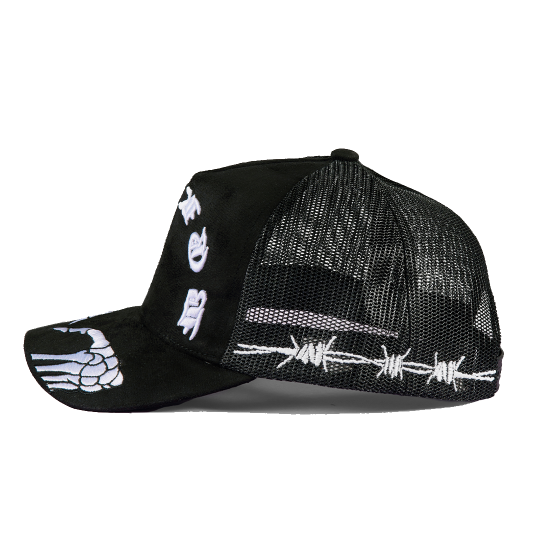 Trucker Hat Black Suede - M.S.W. V.2 Skeleton Hands