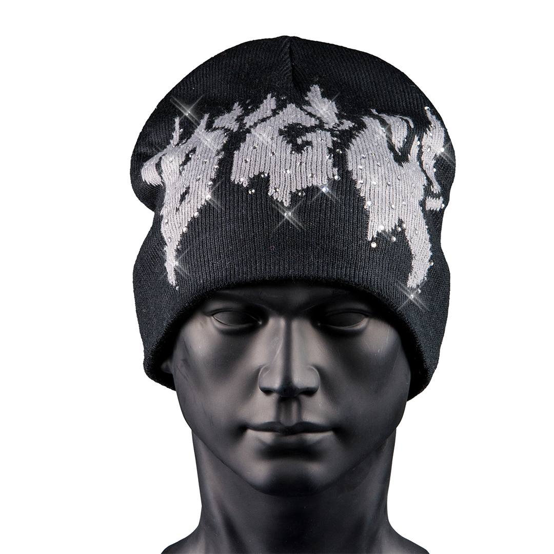 X Fein Rhinestone Beanie Hat - Black