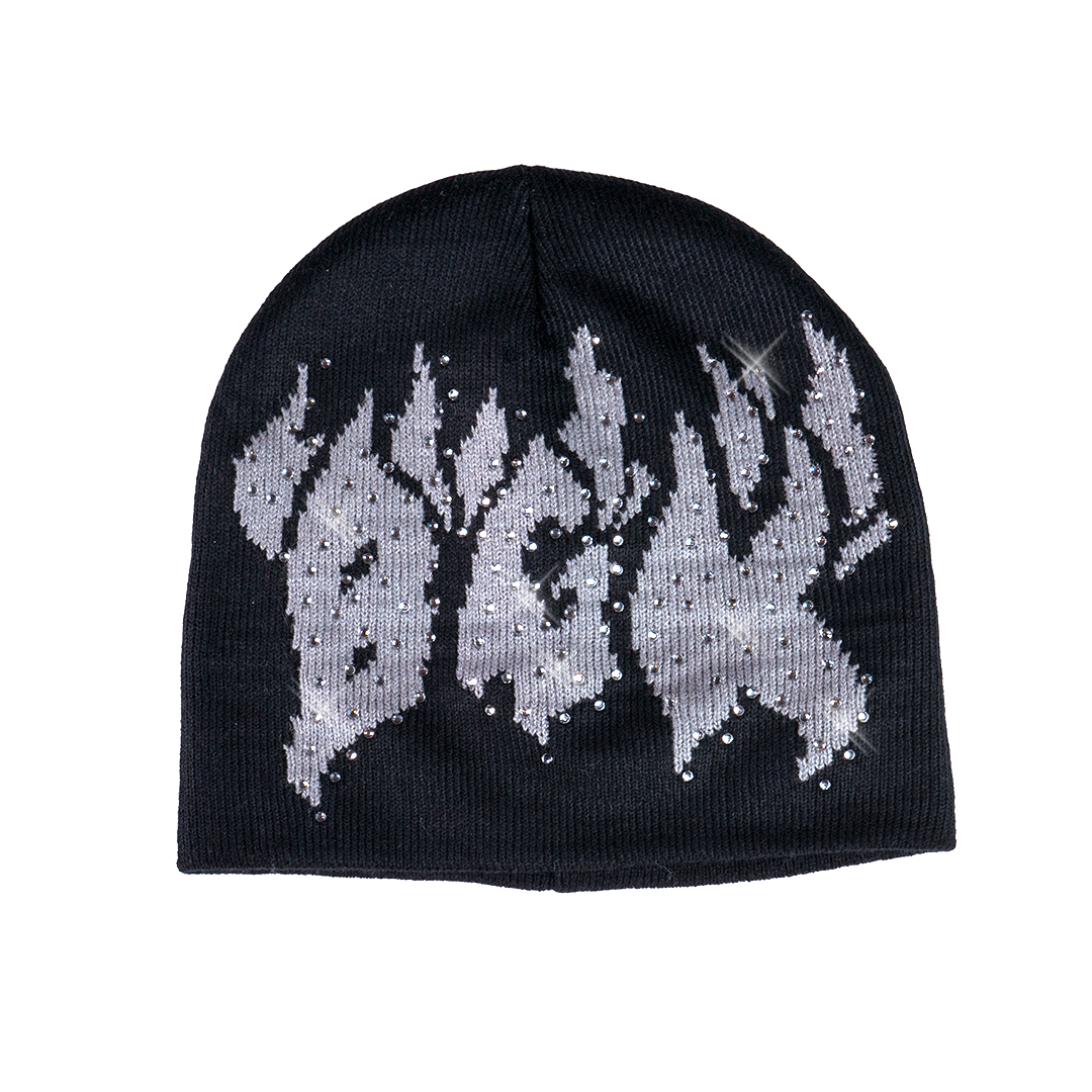 X Fein Rhinestone Beanie Hat - Black