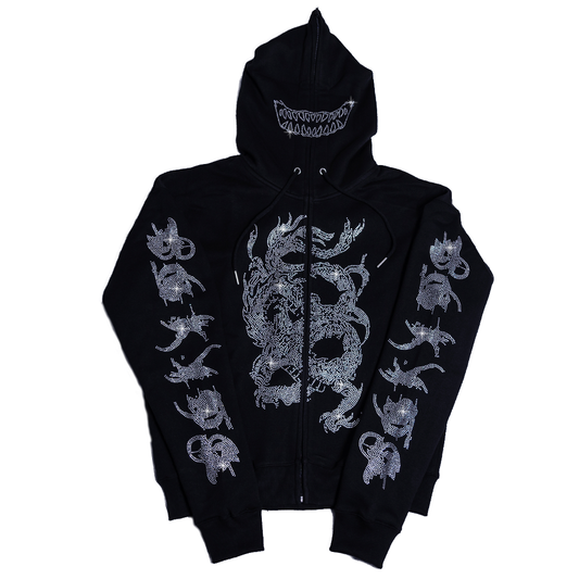 Ghostly Ryujin Full Zip Up Rhinestone Hoodie Black