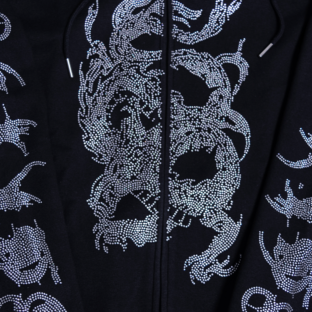 Ghostly Ryujin Full Zip Up Rhinestone Hoodie Black